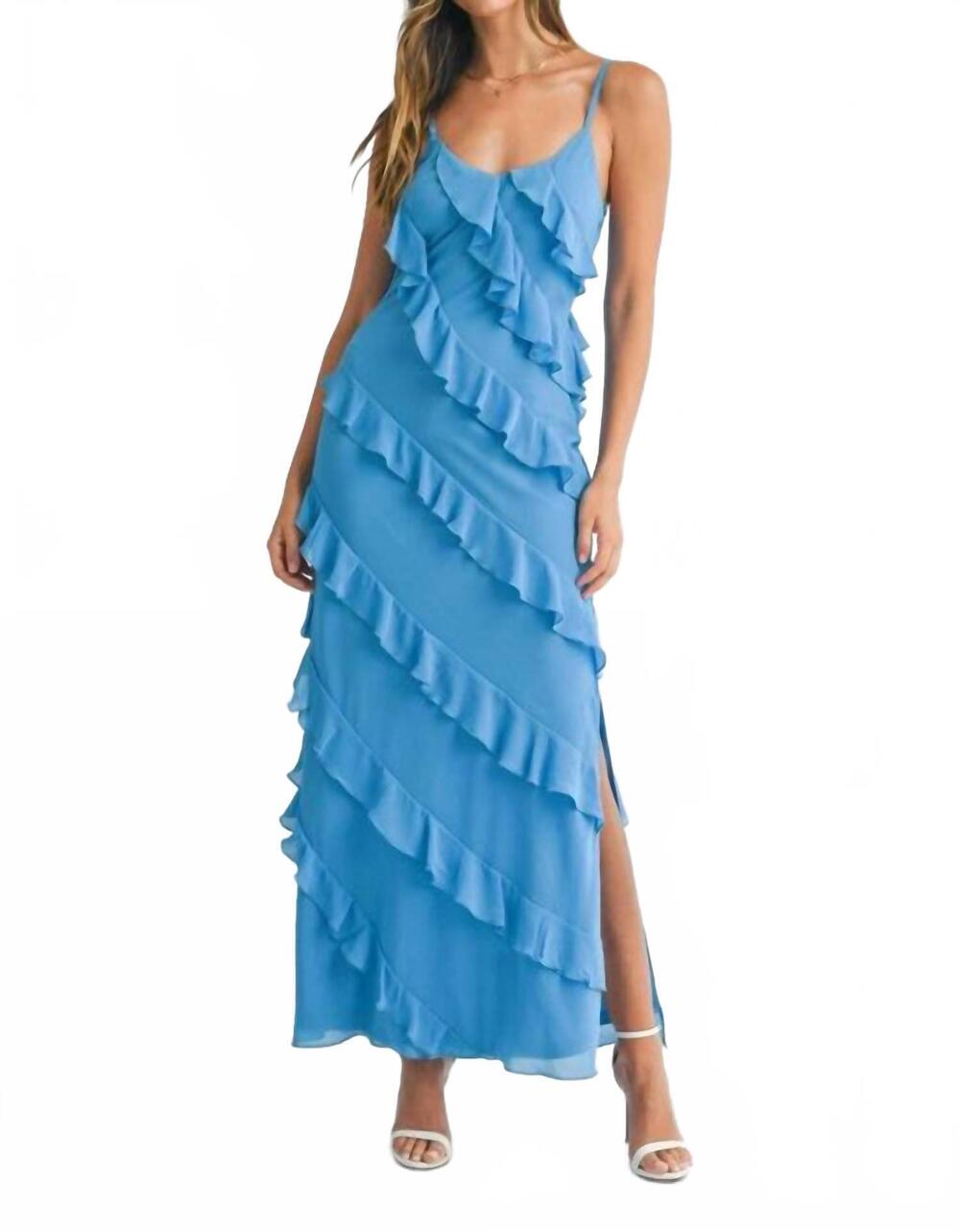 NEW MABLE asymmetrical tiered ruffled maxi dress in blue